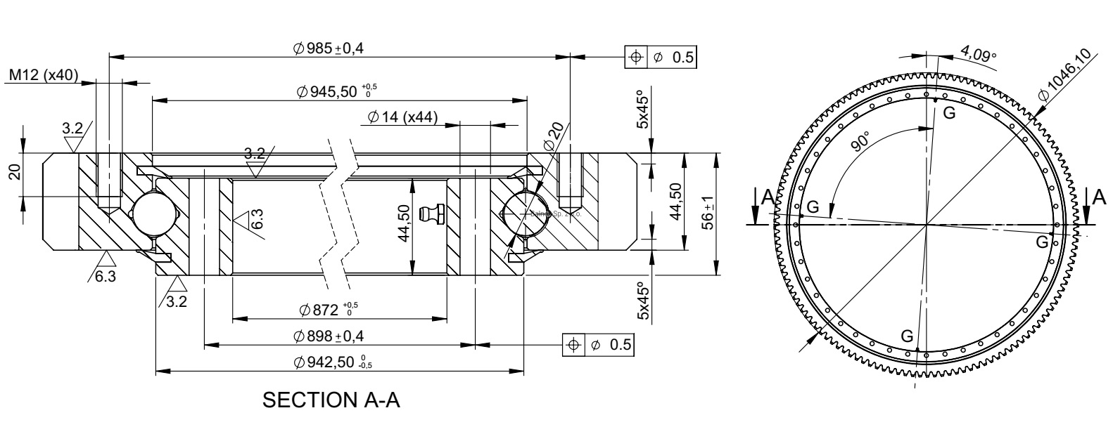 E.1050.20.00.B; Łożysko o średnicy zewnętrznej 1046,1 mm